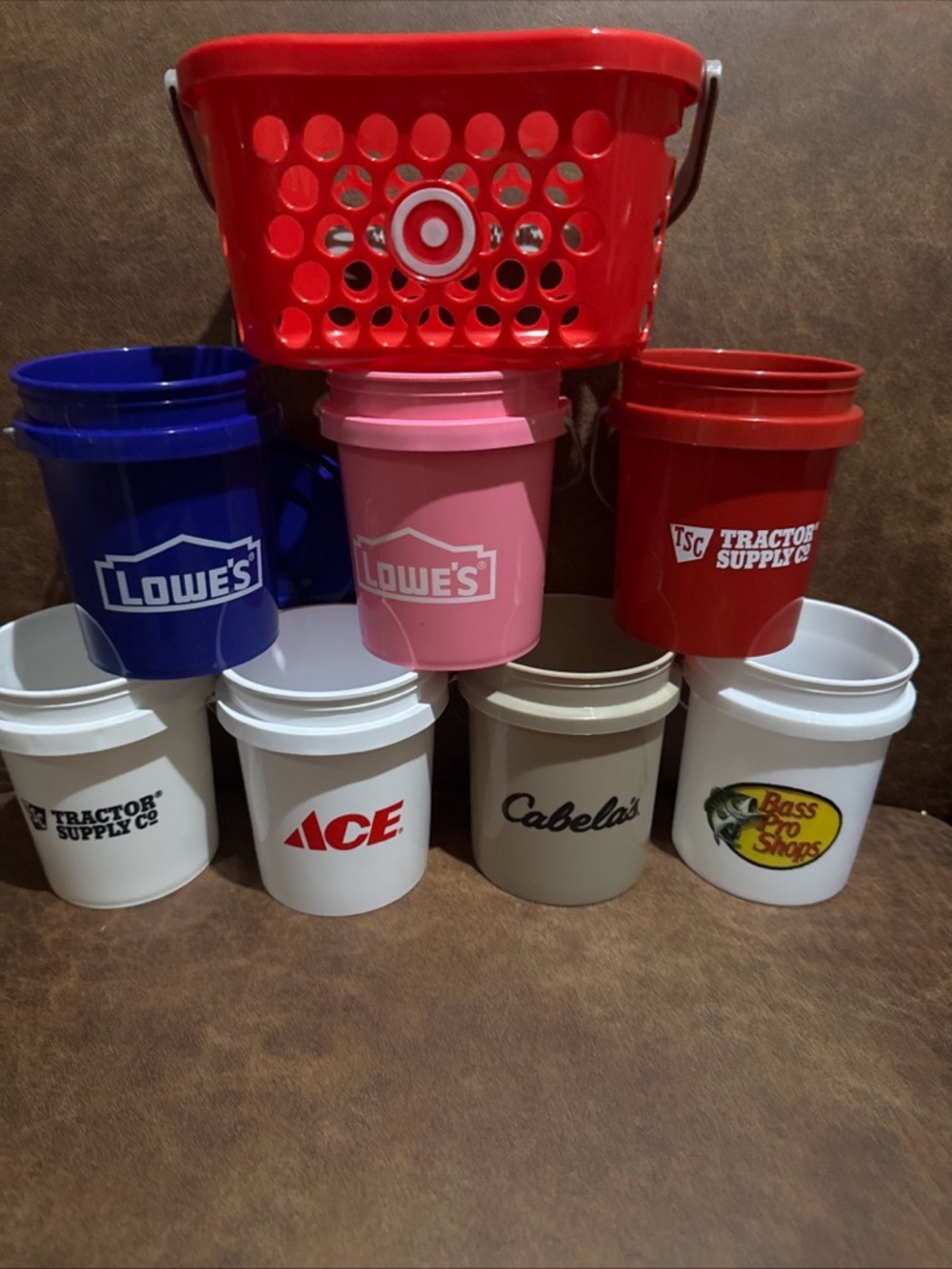Assorted Branded Mini Buckets and Red Target Basket all 8 pieces included